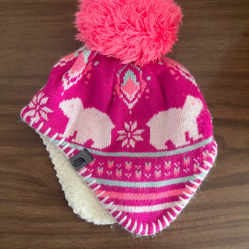 ❤️ 3/$25 The North Face Pink and White Baby Pom Pom Hat 0-6months VGUC - Picture 2 of 3
